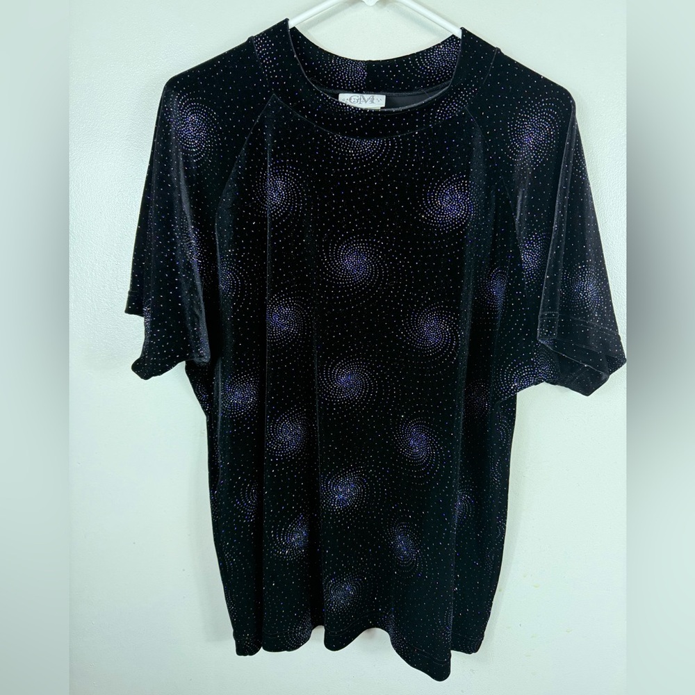 Vintage Gary Majdell‎ Velvet Blouse Bling Sparkle Holiday Party Black Blue XL